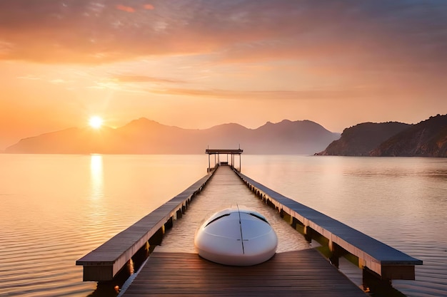 Ein Boot auf einem Dock mit einem Sonnenuntergang im Hintergrund