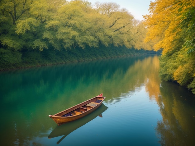 Ein Boot auf einem Fluss mit einem Wald im Hintergrund