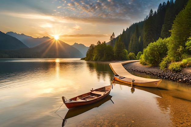 Ein Boot auf einem See mit einem Berg im Hintergrund