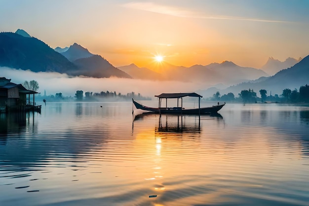 Ein Boot auf einem See mit einem wunderschönen Sonnenuntergang im Hintergrund.