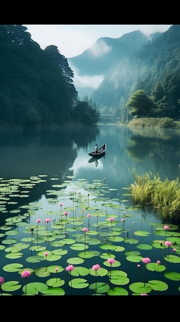 Ein Boot auf einem See mit Lotusblumen.