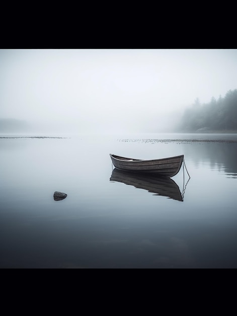 Ein Boot auf einem See mit nebligem Hintergrund und dem Wort „See“.