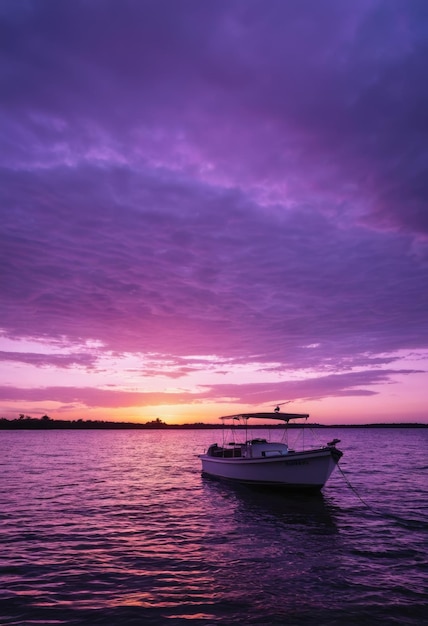 Ein Boot fährt anmutig auf dem Wasser vor dem Hintergrund eines faszinierenden lila Himmels