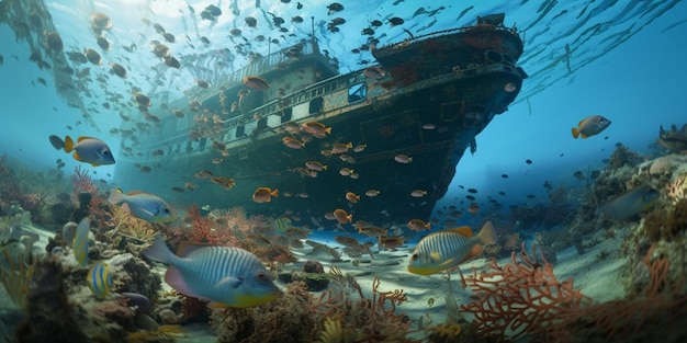 Ein Boot im Meer mit Fischen und einem Fisch auf dem Grund.