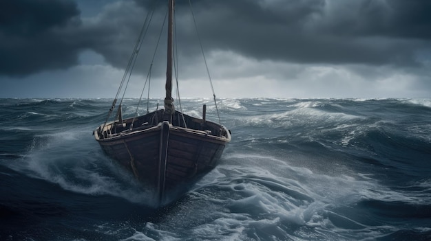 Ein Boot im Meer mit stürmischem Himmel