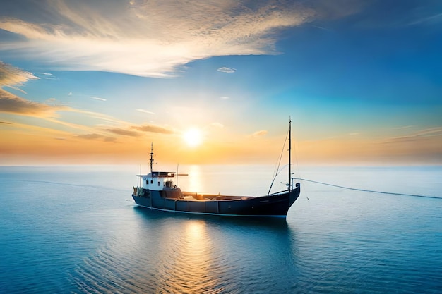 Ein Boot im Ozean, hinter dem die Sonne untergeht