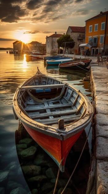 Ein Boot im Wasser, hinter dem die Sonne untergeht