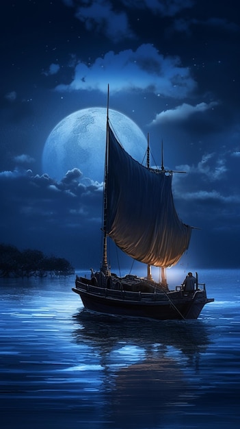 Ein Boot im Wasser mit dem Mond im Hintergrund