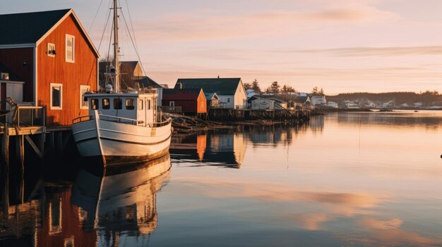 Ein Boot im Wasser mit einem roten Haus im Hintergrund.