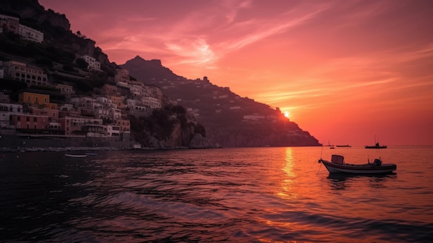 Ein Boot im Wasser mit einem Sonnenuntergang im Hintergrund