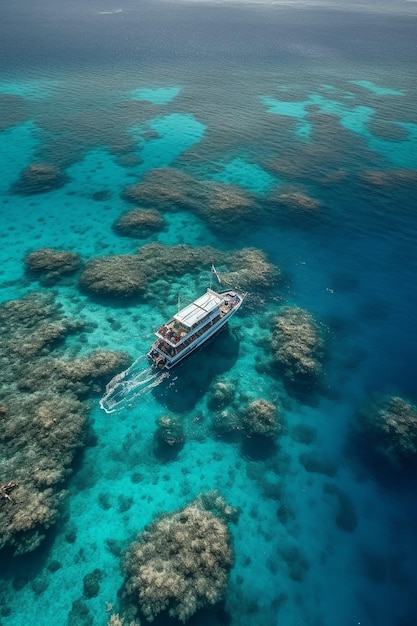 Ein Boot im Wasser mit Korallen und Korallen im Hintergrund.