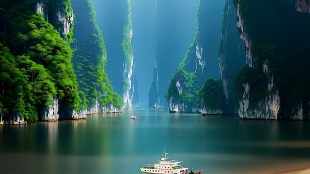 Ein Boot in einem Fluss mit Bergen im Hintergrund