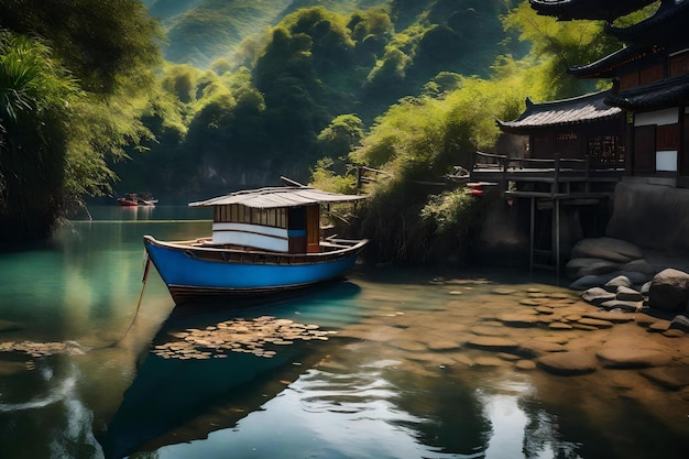 Ein Boot in einem Fluss mit einem Haus im Hintergrund