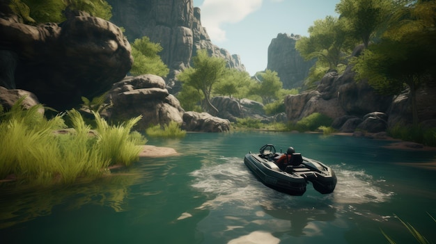 Ein Boot in einem Fluss mit einer felsigen Klippe im Hintergrund