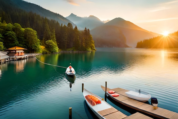 Ein Boot in einem See mit Bergen im Hintergrund