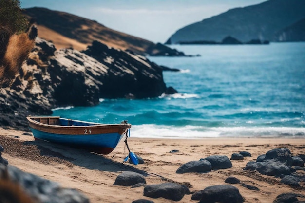 ein Boot ist am Strand und der Ozean ist blau