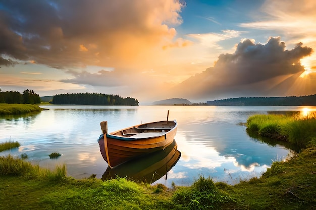ein Boot ist auf dem Wasser mit einem Sonnenuntergang im Hintergrund