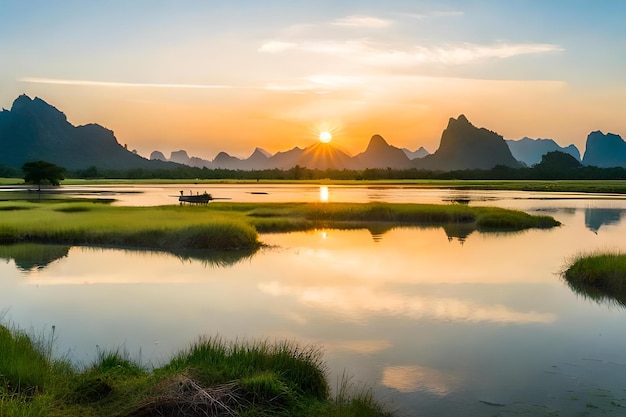 Ein Boot ist auf dem Wasser mit einem Sonnenuntergang im Hintergrund.