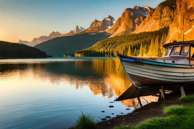Ein Boot liegt an einem See mit Bergen im Hintergrund.
