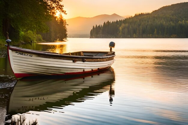 Ein Boot liegt an einem See mit einem Sonnenuntergang im Hintergrund.