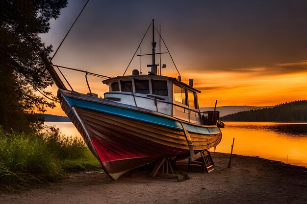 Ein Boot liegt an einem Strand, hinter dem die Sonne untergeht.