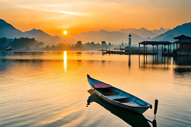 Ein Boot liegt auf dem Wasser mit einem Sonnenuntergang im Hintergrund.