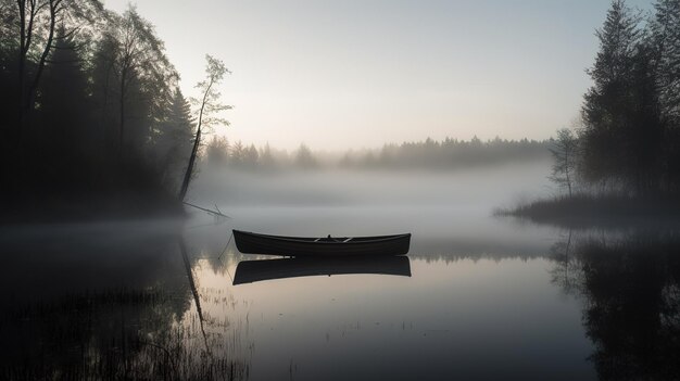 Ein Boot liegt auf dem Wasser mit nebligem Hintergrund.