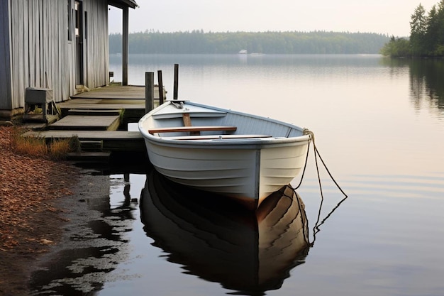 Ein Boot liegt auf dem Wasser vor einem Dock.