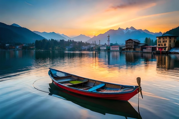 Foto ein boot liegt auf dem wasser vor einer bergkette.