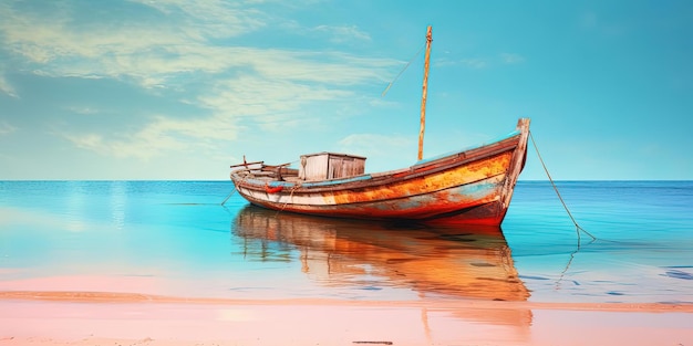 Ein Boot liegt im Stil feiner Linien an einem Strand im Meer