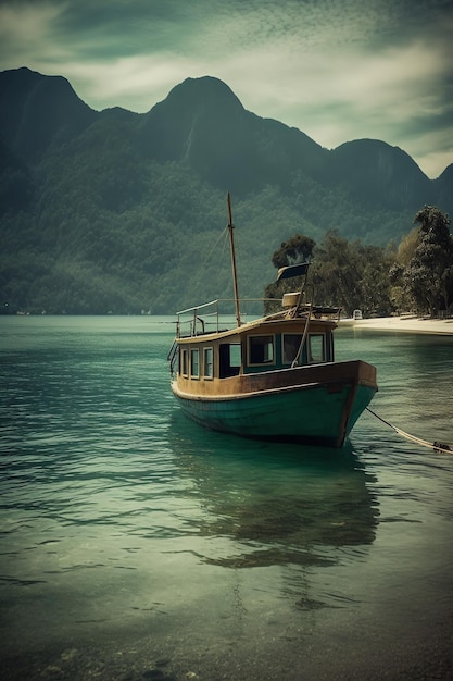 Ein Boot liegt in einem See mit Bergen im Hintergrund.