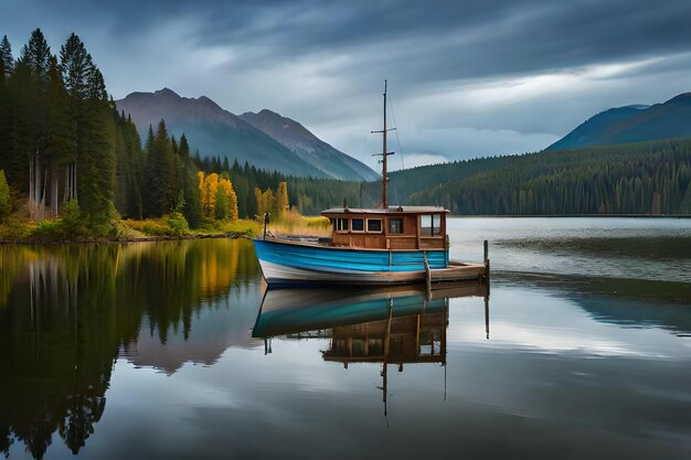 Ein Boot liegt in einem See mit Bergen im Hintergrund.