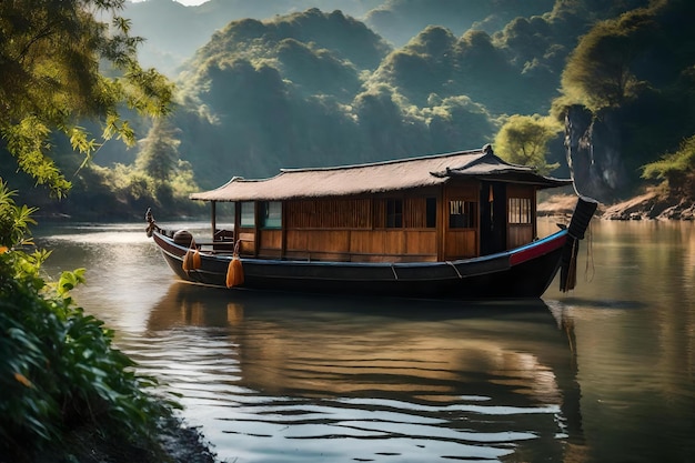 Ein Boot mit einem roten Streifen ist an einem Fluss angedockt.