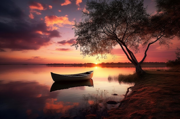 Ein Boot schwebt bei Sonnenuntergang auf einem See, eine friedliche und ruhige Szene