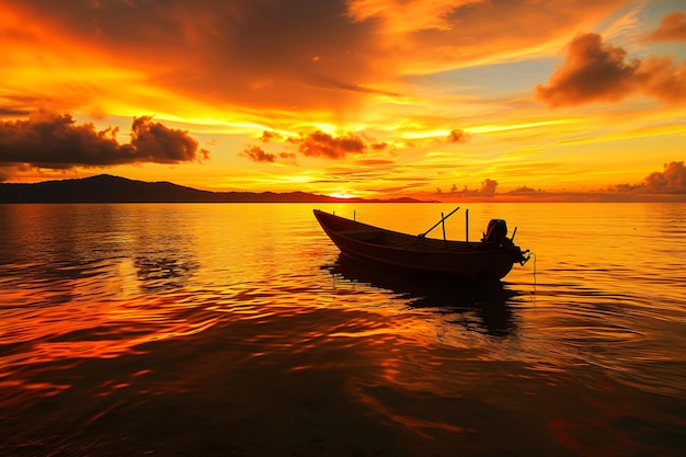 ein Boot segelt im Wasser mit einem Sonnenuntergang im Hintergrund