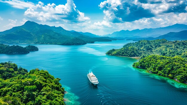 Ein Boot sitzt ruhig in der Mitte einer tropischen Bucht, umgeben von kristallklarem Wasser unter einem klaren blauen Himmel