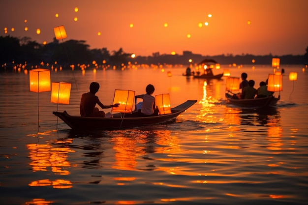 Ein Boot voller Laternen schwimmt bei Sonnenuntergang auf dem Wasser.
