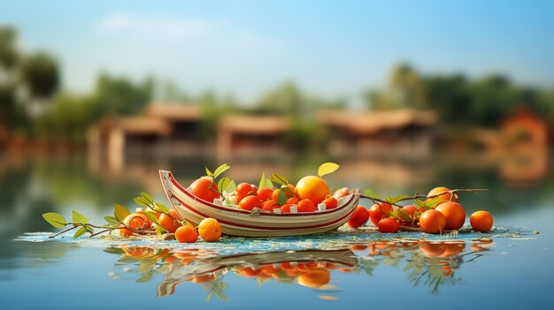 Ein Boot voller Orangen schwimmt auf dem See