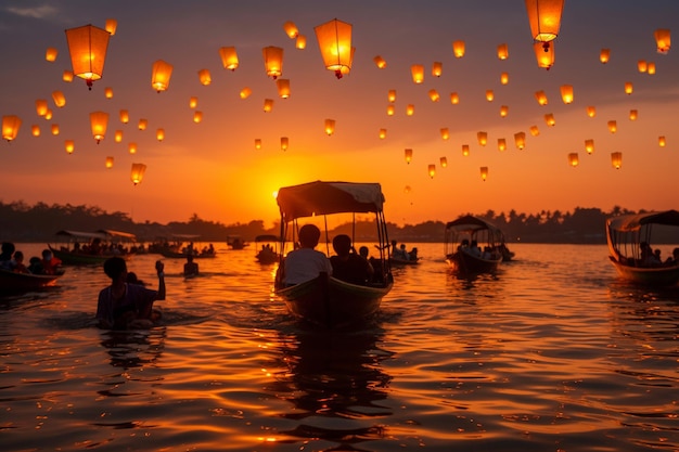 Ein Boot voller Papierlaternen, das bei Sonnenuntergang im Wasser schwimmt.