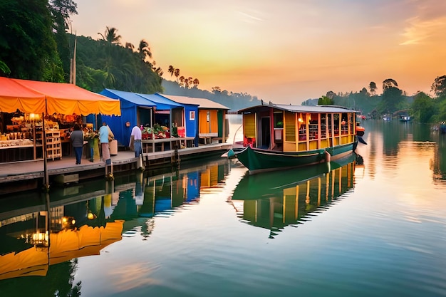 Ein Bootshaus am Wasser am Abend