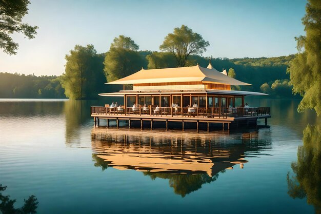 Ein Bootshaus am Wasser mit Blick auf den See und Bäume im Hintergrund.