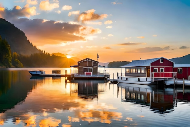 Ein Bootshaus auf dem Wasser mit einem wunderschönen Sonnenuntergang