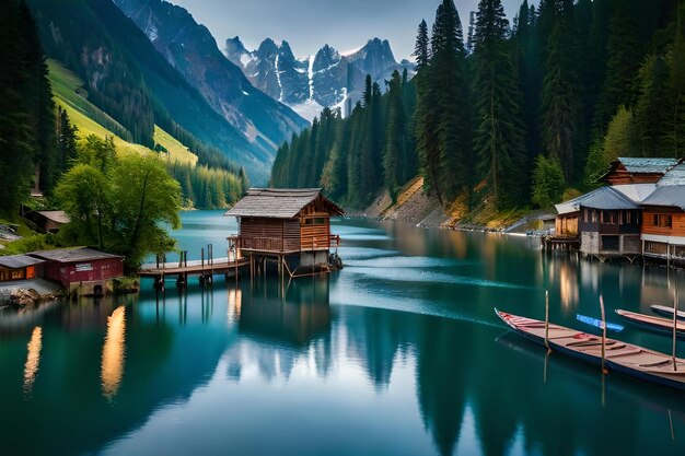 Ein Bootshaus liegt an einem See, umgeben von Bergen.
