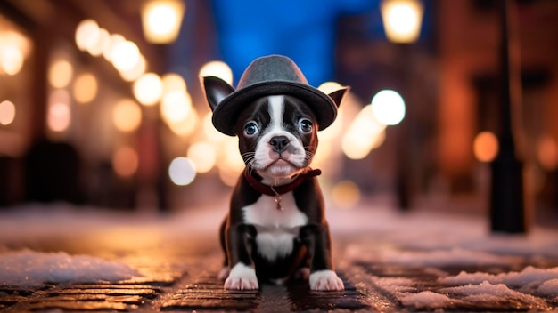 Ein Boston-Terrier-Hund mit Hut sitzt auf einer Straße.