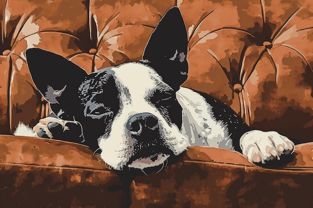 Ein Boston Terrier legt sich auf eine Couch