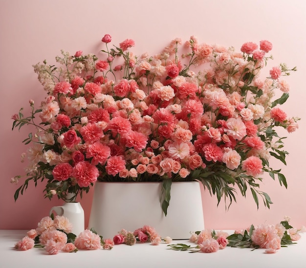 Ein Bouquet an schönen Blumen in einer Vase auf dem Tisch gegen die rosa Wand
