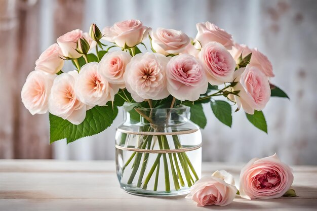 Ein Bouquet aus blassen Rosenblumen in einer fotorealistischen Glasvase