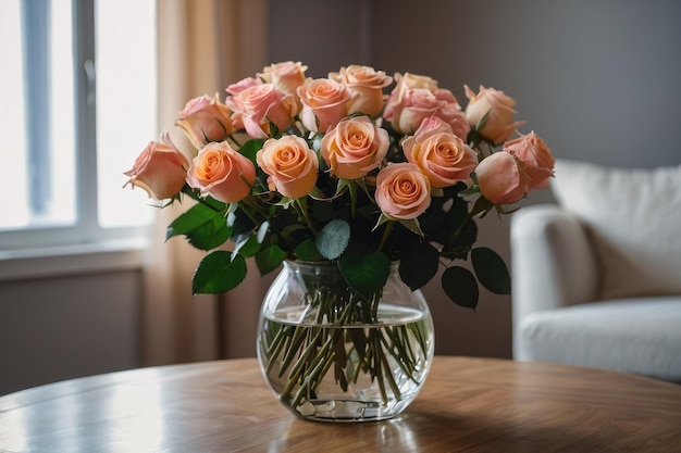 Ein Bouquet aus blassorangefarbenen Rosen auf dem Tisch