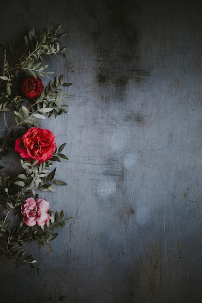 ein Bouquet aus drei roten Rosen mit grünen Blättern gegen einen einfachen farbenfrohen Hintergrund