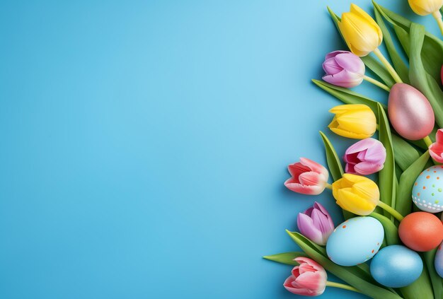 Ein Bouquet aus farbenfrohen Tulpen und Ostereiern auf blauem Hintergrund